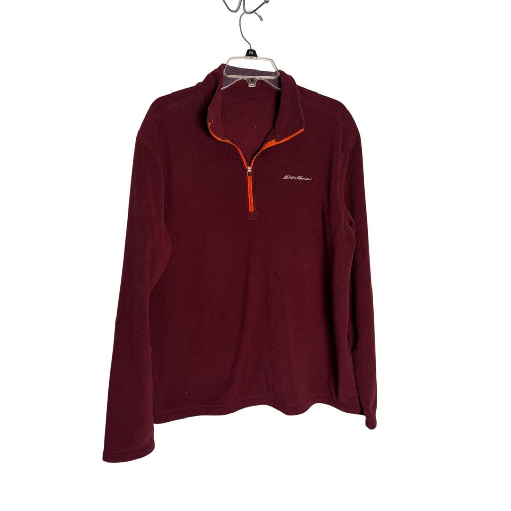 Eddie Bauer Mens 1/4 Zip Fleece Pullover Sweater Maroon Burgundy Orange Trim XL